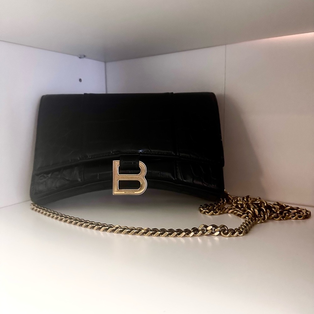Balenciaga Black Croc-Embossed Bag with Gold Logo